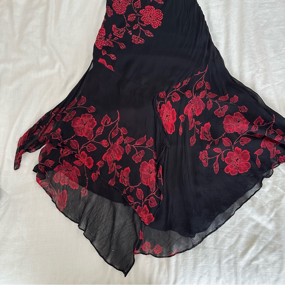 Vintage Eva Blue Bias Cut Dress Dark Fairy Black With Red Roses Beaded Medium - Picture 7 of 10